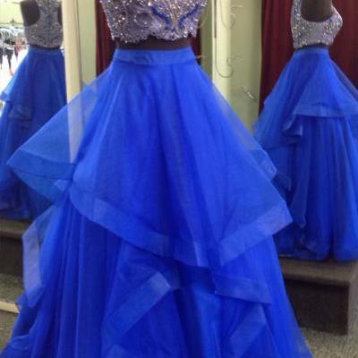 Royal Blue Two Piece Prom Dresses,Beaded Bodice Tulle Skirt Sweet 16 Dresses,Ball Gown Formal Dresses