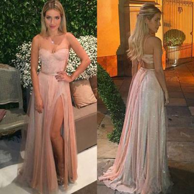 Nude Chiffon Long Prom Dresses with Slit,Simple Prom Dresses,2017 Senior Prom Dresses,1975