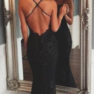 Black Mermaid Evening Dresses,Sexy Open Back Prom Dresses,Spaghetti Strap Lace Formal Dresses,2045