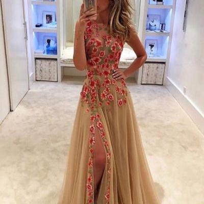 Floral Long Prom Dresses,Gold Tulle Formal Dresses,2017 Pageant Dresses,2046