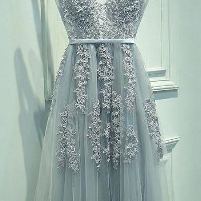 Lace Appliqued Silver Prom Dresses,V-neck Formal Dresses,2017 Pageant Dresses,2048