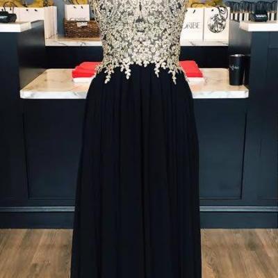 Halter Gold Lace Appliqued Black Prom Dress,Chiffon Long Prom Dress,Senior Prom 2k17 Dress,2093