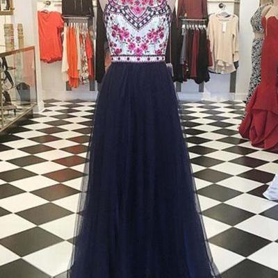 Halter Floral Embroidery Prom Dress,Navy Tulle Long Prom Dress,Senior Pageant Formal Dress,2156