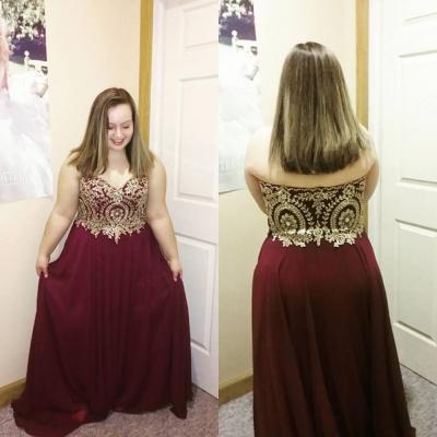 Gold Lace Appliqued Plus Size Prom Dresses,Burgundy Dress for Plus Size Girl,Large Size Formal Dress,2267