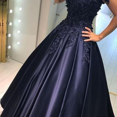 Dark Navy Satin with Lace Appliqued Off shoulder Prom Dresses,Ball Gown Fancy Dresses,Navy Formal Gowns,2378