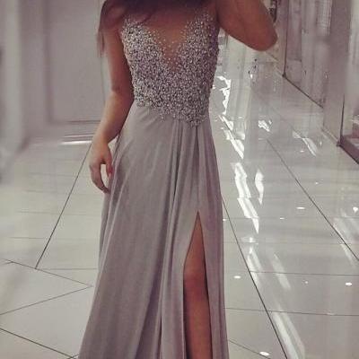 Grey Chiffon Sparkly Beaded Prom Dress with Slit,Sexy Long Formal Dresses,2425