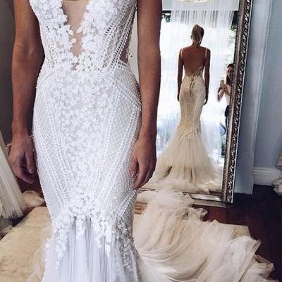 Deep V-neck White Tulle with Beaded Flowers Wedding Dresses,Elegant Mermaid Bridal Gowns,2457