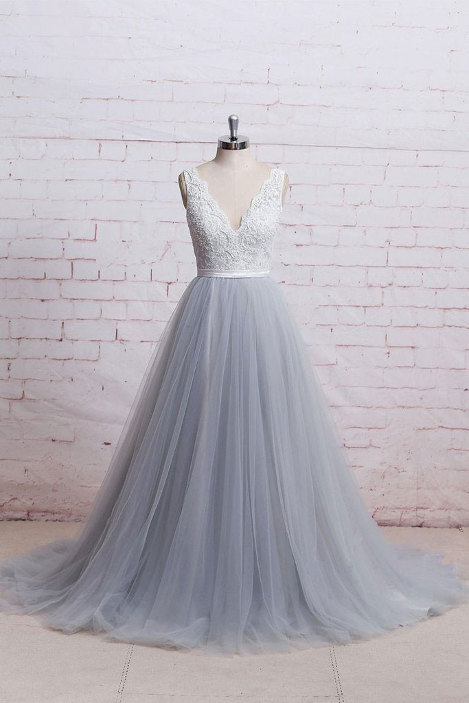V-neck Long A-line Lace Tulle Prom Dresses, Lovely Prom Dresses, 2020 Prom Dresses main image 1