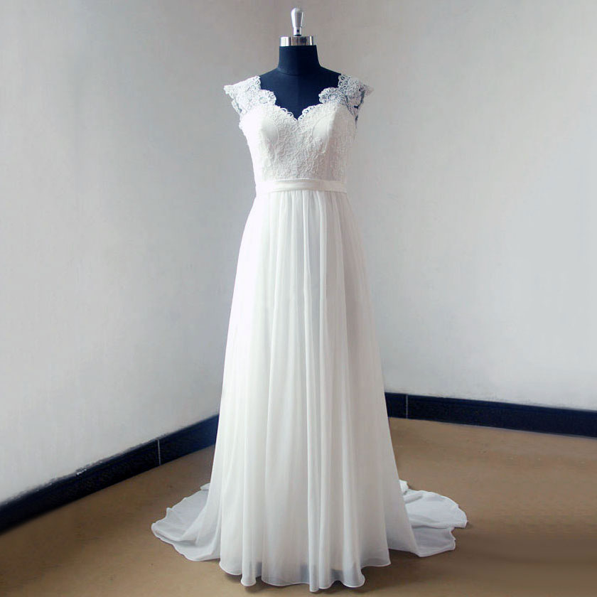 2017 A-line V-neck Sleeveless Appliqued Sweep Train Wedding Dresses Beach Wedding Dress Abc00014