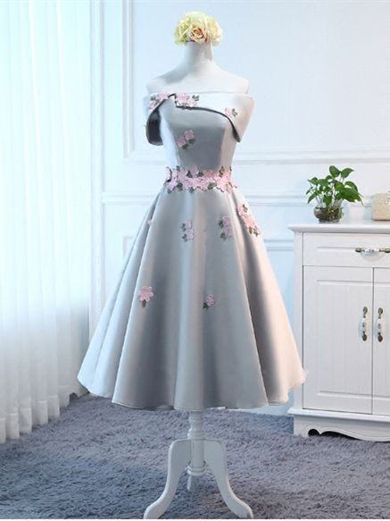 A-line Off-the-shoulder Flower Prom Dresses Grace Tea Length Dresses Asd2600