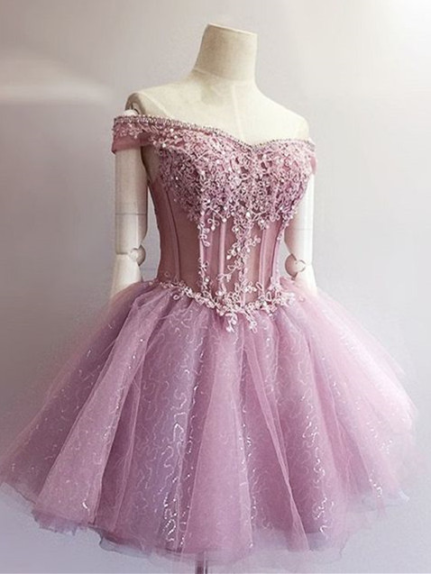 A-line Princess Off-the-shoulder Homecoming Dresses, Lace Appliqued Mini Prom Dresses Asd2589