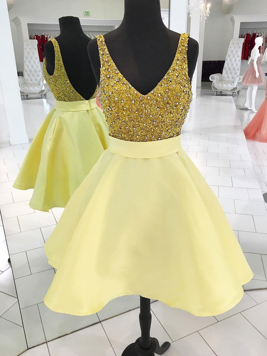 A-line V Neck Shiny Homecoming Dresses, Backless Sexy Yellow Dresses Apd2767a