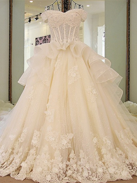A-line Appliqued Off-the-shoulder Wedding Dresses, Shiny Sweep Train Dresses Asd2630