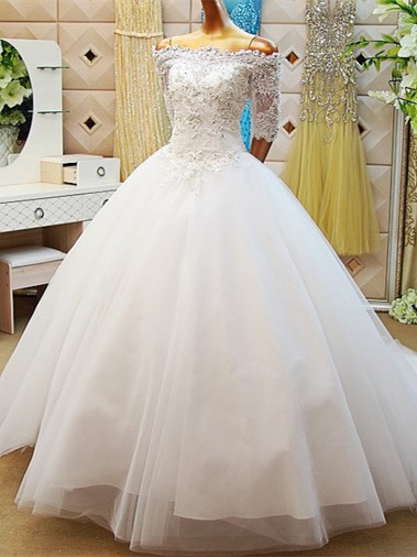 A-line Off-the-shoulder White Wedding Dresses, Lace Up Dresses Asd2628