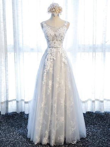 A-line Princess Scoop Neck Appliqued Wedding Dresses, Floor Length Wedding Dresses Asd2642