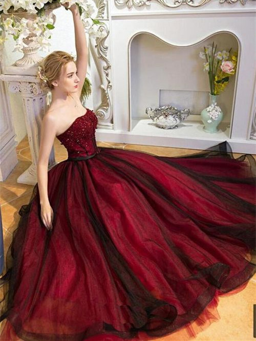 A-line Princess Sweetheart Neck Prom Dresses, Burgundy Evening Dresses For Autumn Asd2662