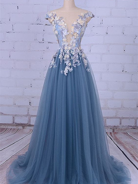 A-line Princess Deep V Neck/illusion Neck Wedding Dresses, Floor Length Prom Dresses Asd2673