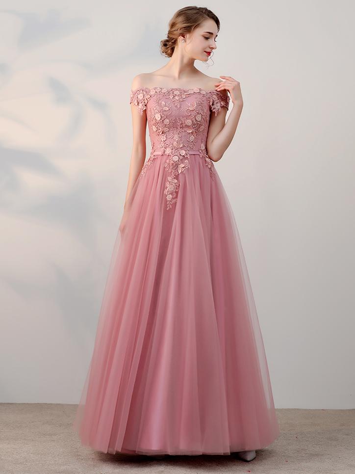 A-line Princess Off-the-shoulder Appliques Wedding Dresses, Floor Length Prom Dresses Asd26776