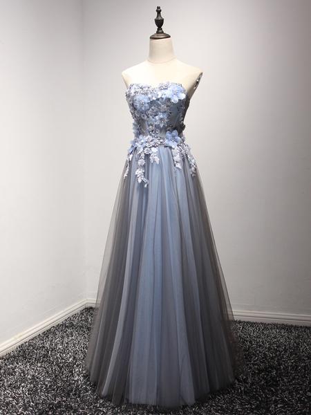A-line Princess Sweetheart Neck Appliques Prom Dresses, Floor Length Grey Prom Dresses Asd26778