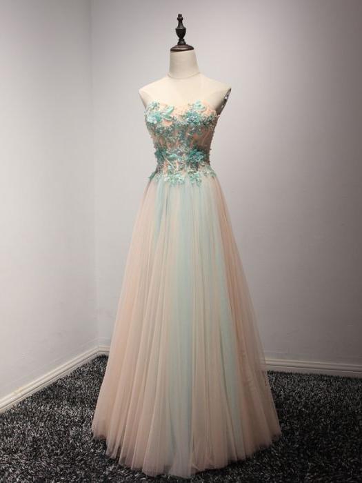 A-line Princess Sweetheart Neck Tulle Prom Dresses With Blue Appliques, Floor Length Prom Dresses Asd26777