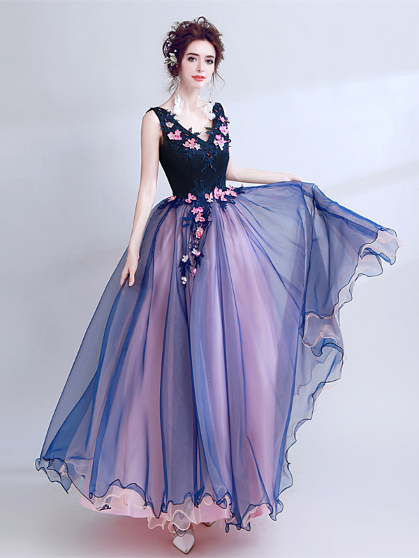2017 A-line Princess V Neck Sleeveless Floor Length Prom Dresses Asd26995