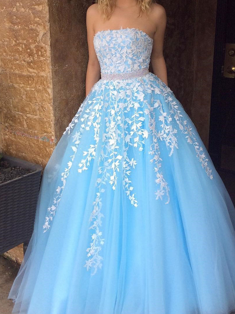 A-line Princess Straight-neck Blue Floor Length Prom Dresses,apd3108a