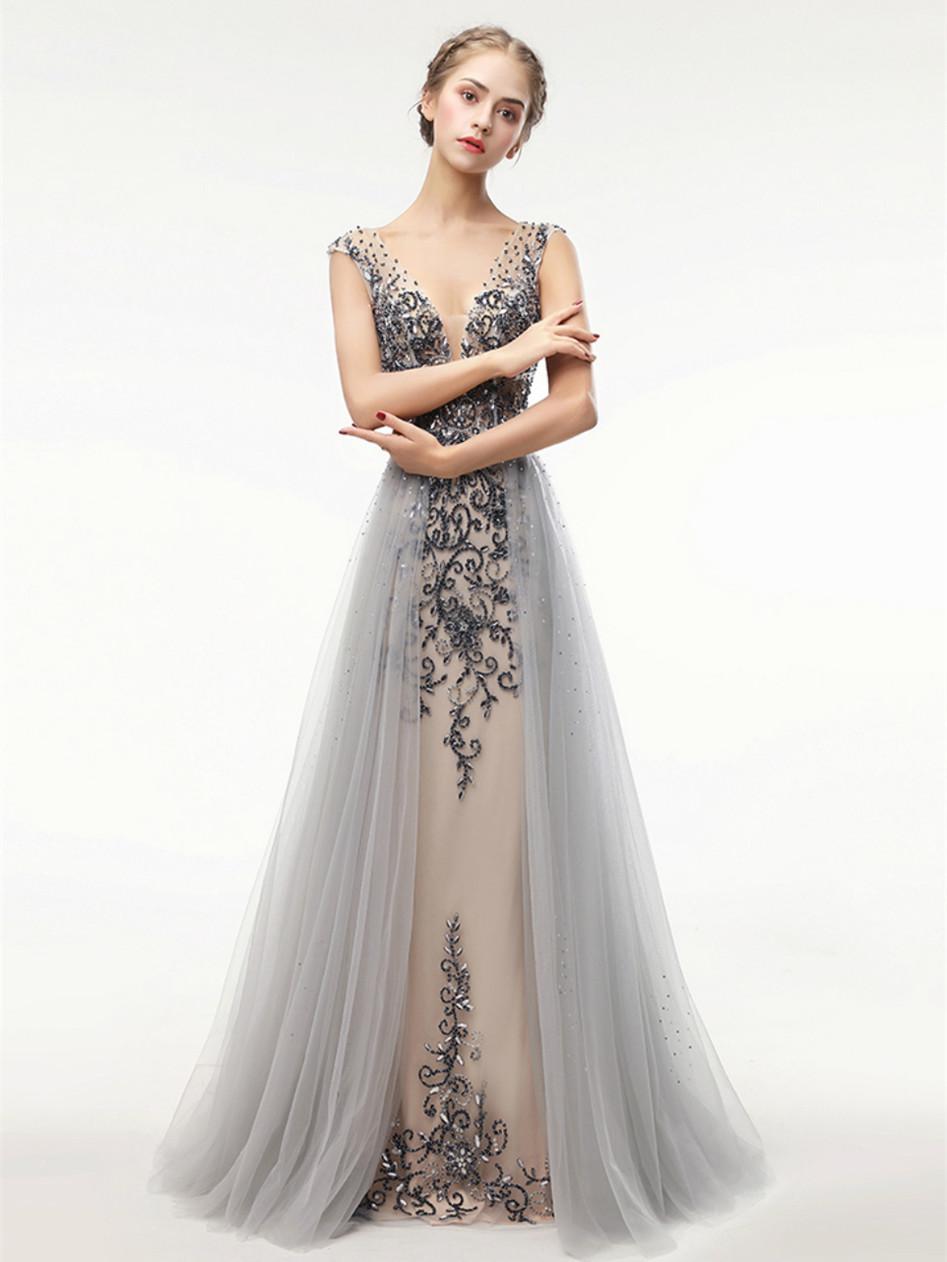 A-line Princess Deep V Neck Sleeveless Long Prom Dresses Asd27103