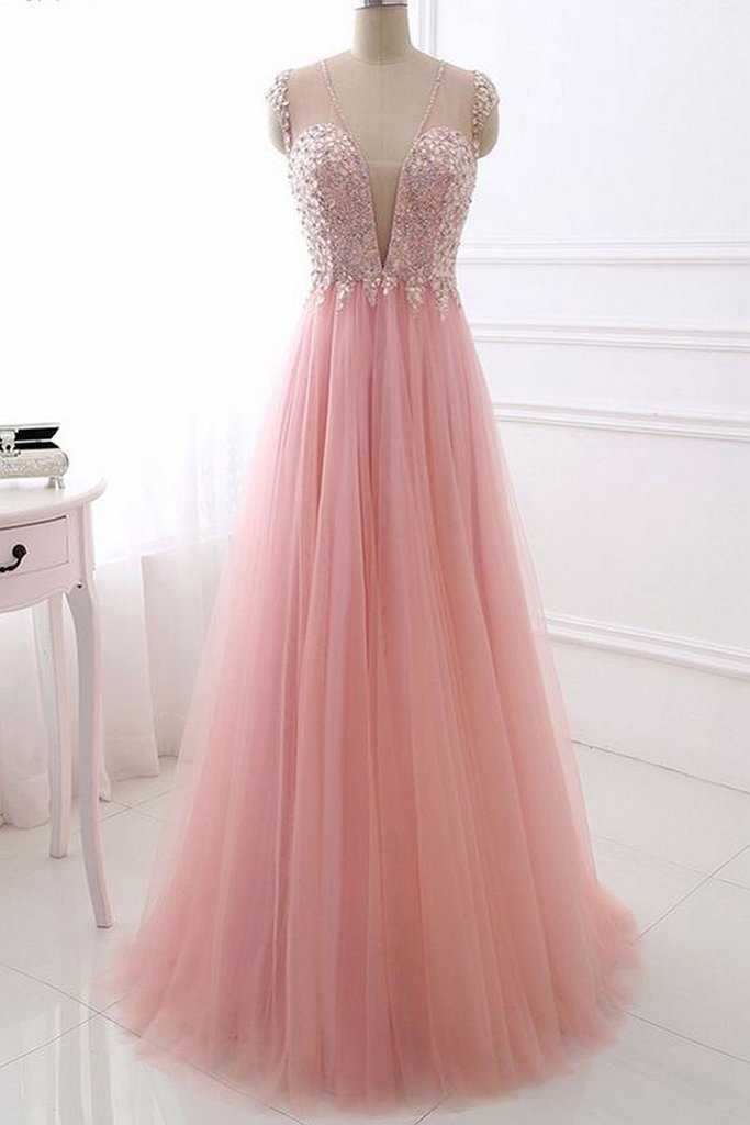 A-line Princess Deep V Neck Sleeveless Floor Length Prom Dresses Asd27121