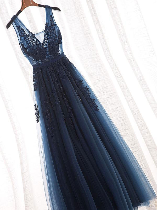 Lace Appliqued Navy Blue Long Prom Dresses,see Through Sexy Formal Prom Gowns 3344