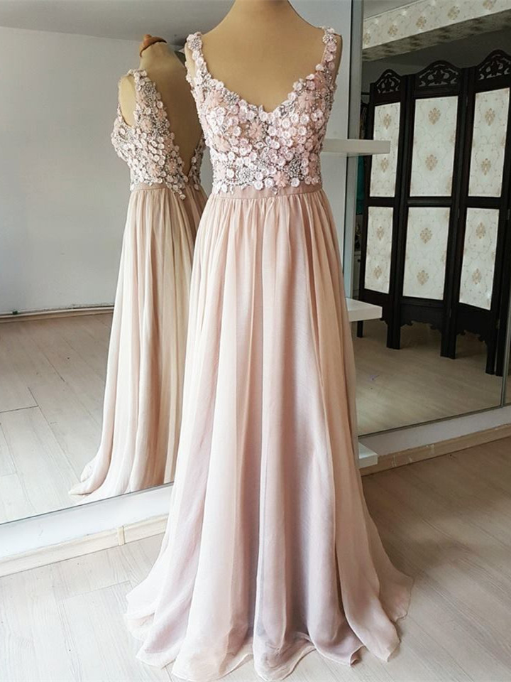Marvelous Chiffon V-neck Neckline A-line Prom Dresses With Beaded Appliques
