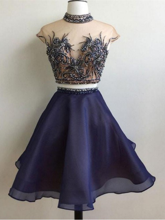 Wonderful Tulle High-neck 2 Pieces A-line Homecoming Dresses HD190