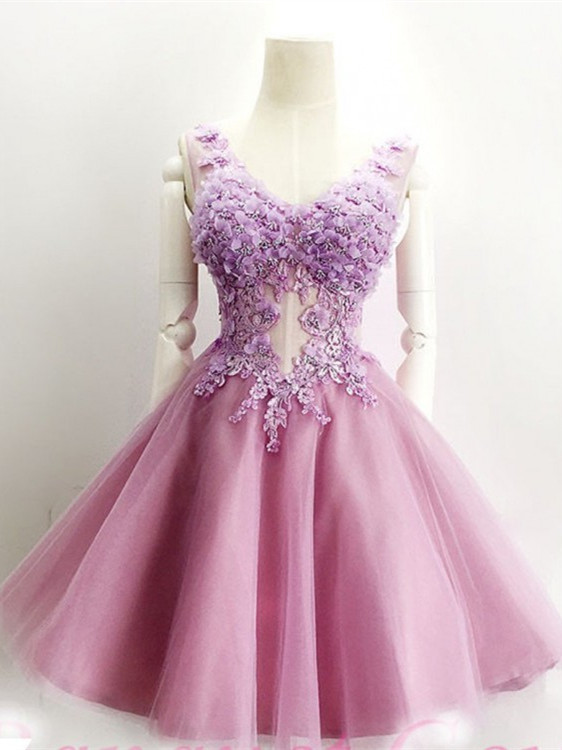 Beautiful Tulle V-neck Neckline A-line Homecoming Dresses With Flowers HD192