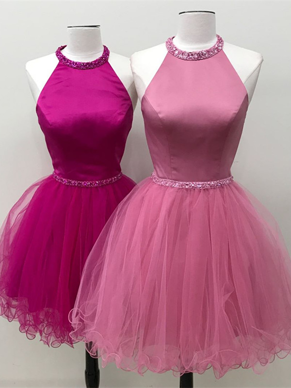 Graceful Satin & Tulle Jewel Neckline A-line Homecoming Dresses HD214