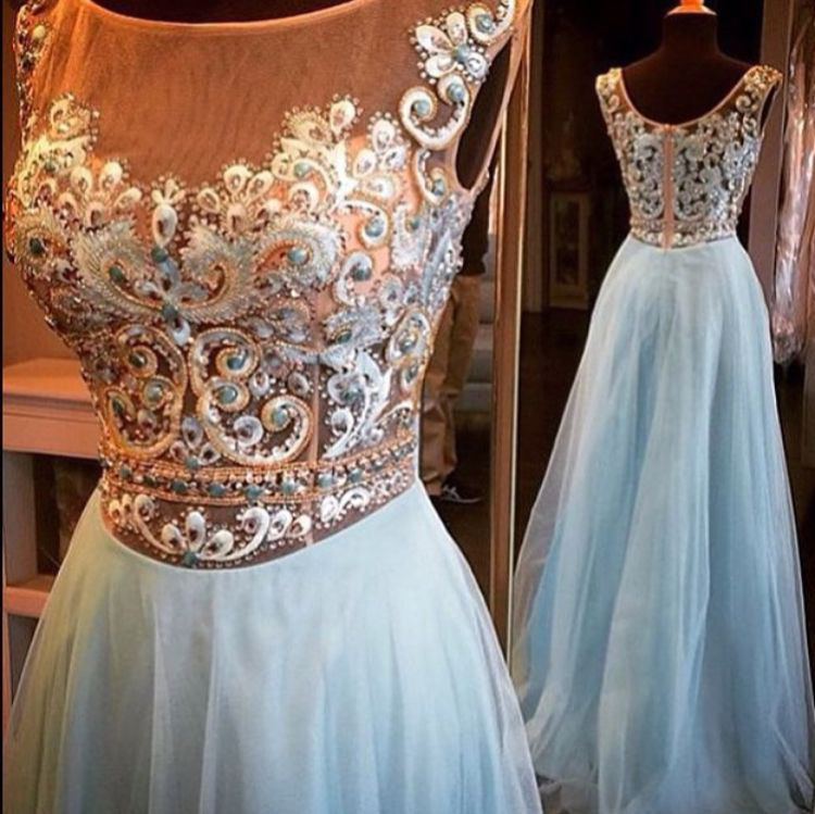 See-through Embroidery Beaded Bodice Light Blue Skirt Formal Dresses For 2016 Prom