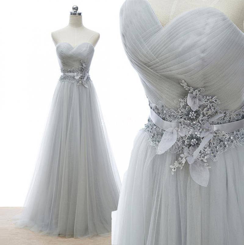 Sweetheart Neck Silver Tulle Prom Dresses Lace Appliqued Waistband Formal Dresses Apd1639