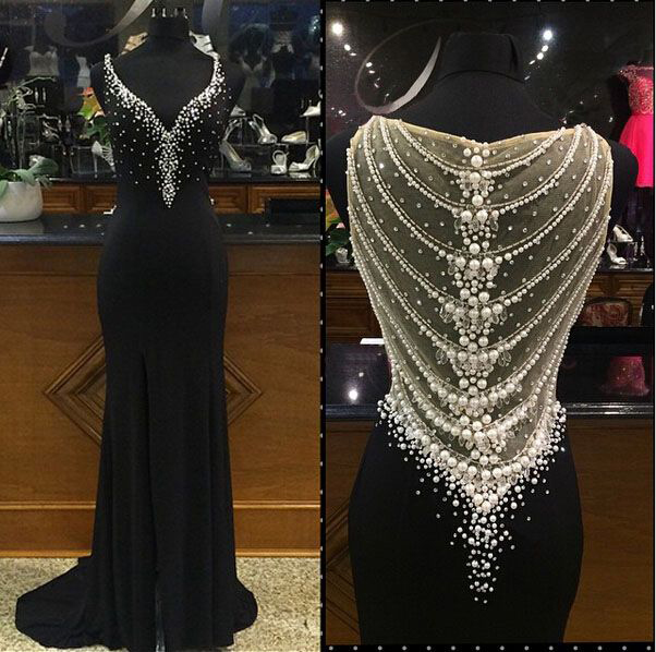 Black Jersey Prom Dresses With Slip On Skirt Ivory Pearls Beadings Sweep Train Evening Dresses Apd1644