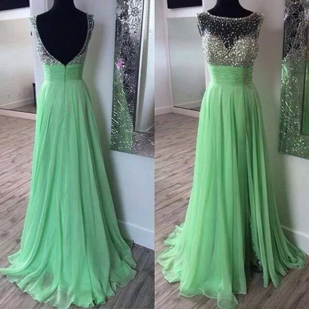 Silver Beaded Bustband Chiffon Long Prom Dresses A-line Formal Dresses