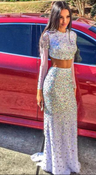 silver 2 piece prom dress