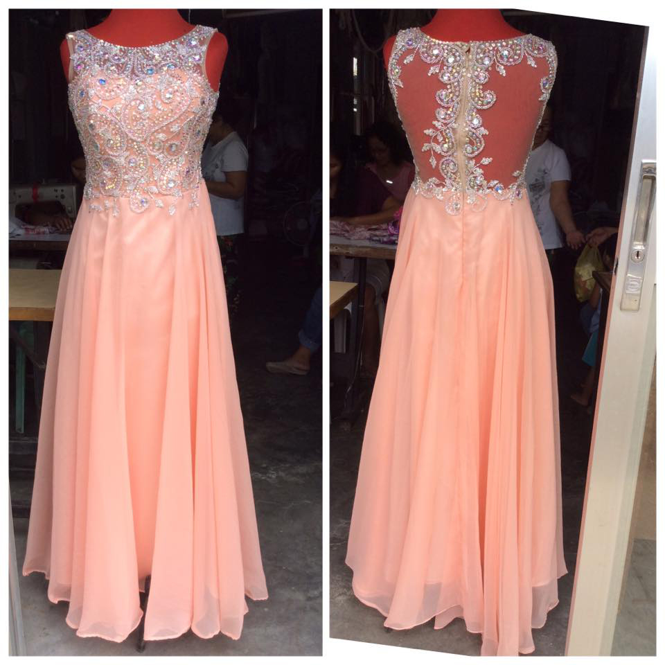 Blush Pink Chiffon Prom Dresses Beaded Bodice Long Formal Dresses