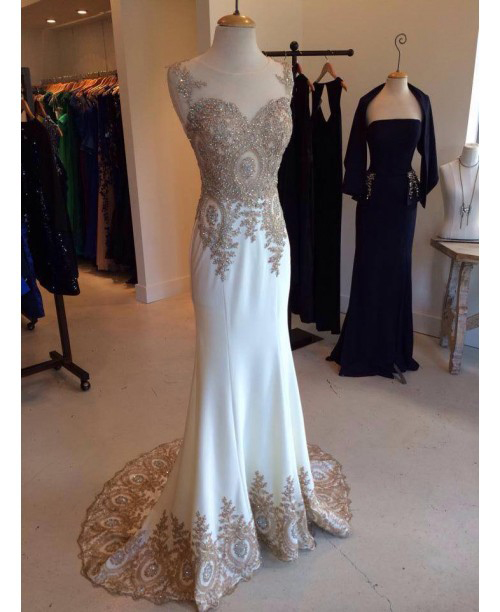 Gold Lace Appliqued Mermaid Prom Dresses With Sweep Train,ivory Evening Dresses