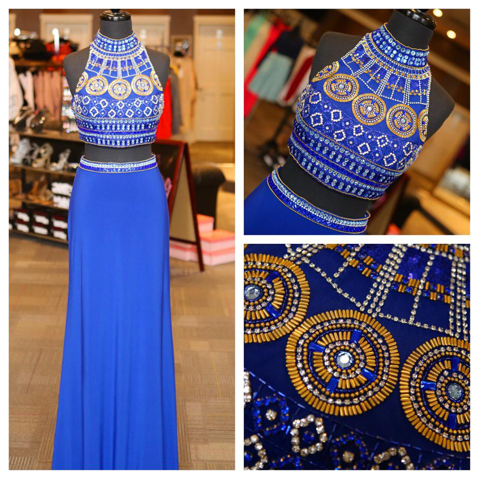 High Neck Beaded Bodice 2 Piece Prom Dress,royal Blue Jersey Long Prom Dress,formal Prom Gown 1569