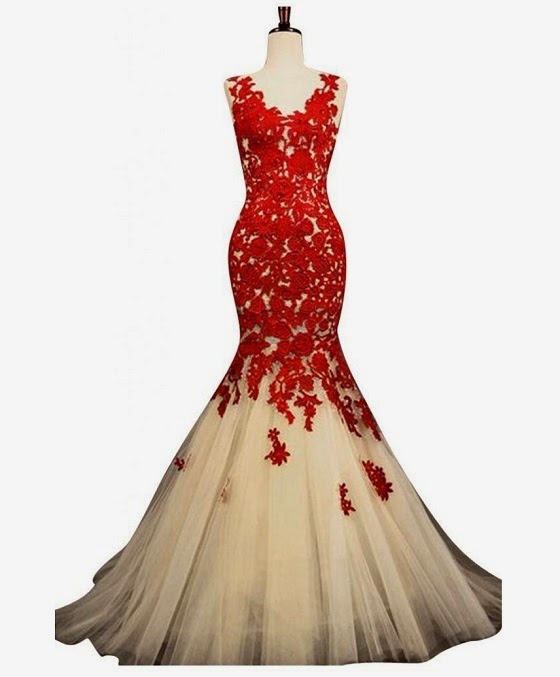 Red Lace Appliqued Mermaid Prom Dress,champagne Tulle Long Formal Dress 1334