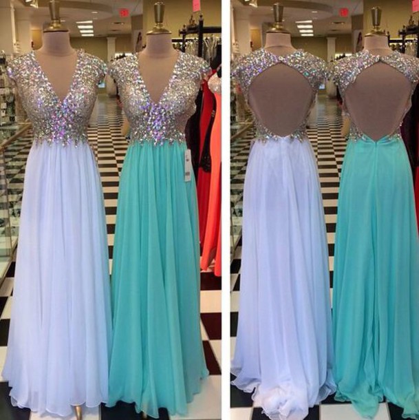 A-line V-neck Beaded Bodice Chiffon Skirt Backless Prom Dress 2016 Formal Gown 1438
