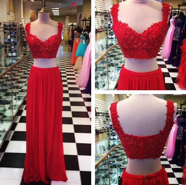 A-line Red Chiffon Skirt 2 Piece Prom Dress,lace Appliqued Bodice Long Formal Gown 1431