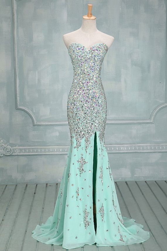 Sweetheart Neck Mint Chiffon With Beaded Mermaid Prom Dress,sparkly Prom Gown 1448