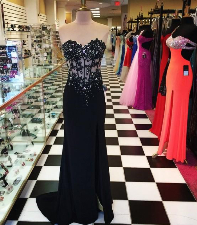 Sweetheart Neck Black Jersey With Lace Appliqued Prom Dress With Slit On Skirt 1456