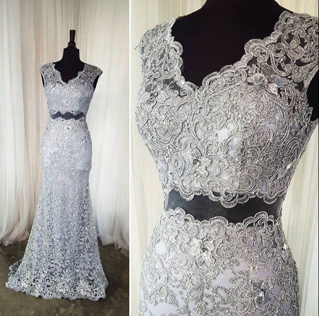 2 Piece Prom Dress,Gray Lace Prom Dress,Long Formal Dress with Sweep Train 1716