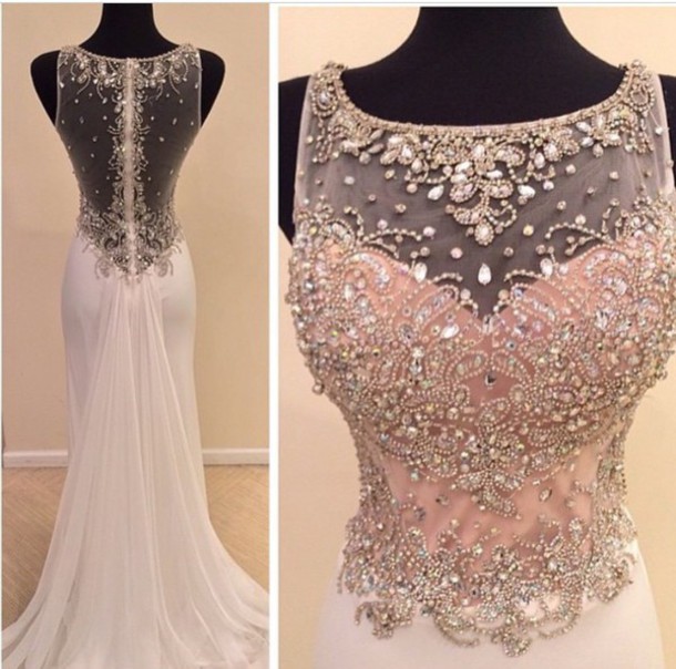 Ivory Chiffon With Beaded Mermaid Prom Dress With Sweep Train,sparkly Formal Cute Dress 1485
