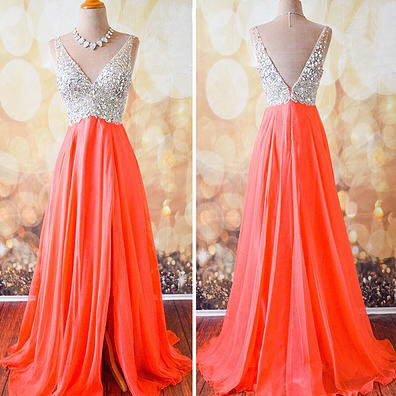 Plunging Neckline Chiffon Floor-length Dress Featuring Beaded Embellished Bodice And V-back