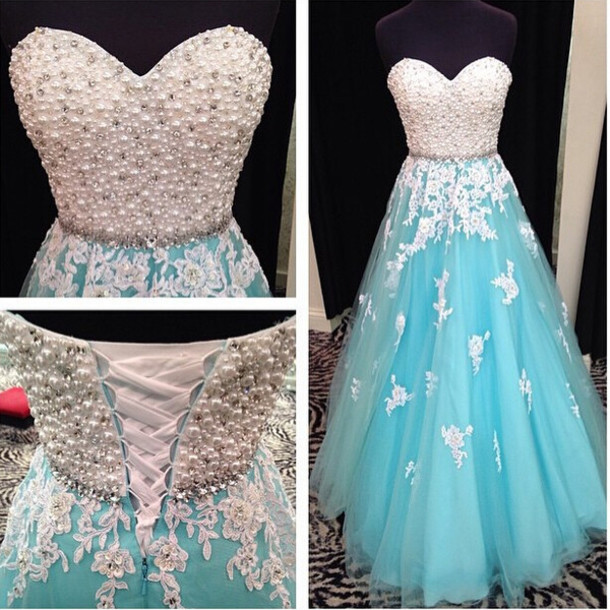 Sweetheart Neck Tiffany Blue Tulle And White Lace Appliqued Prom Dresses,shiny Formal Dresses Long 1280